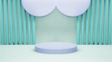 3D render illustration, Mock up podium for product presentation, pastel blue background, arc with curtains, Abstract composition in minimal design photo