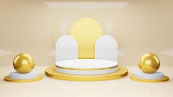 Minimal cosmetic background for product presentation. Cosmetic bottle podium and gold podium on gray color background. 3d rendering illustration. Object isolate photo