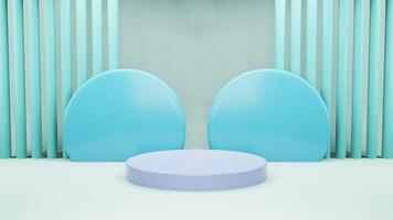 3D render illustration, Mock up podium for product presentation, pastel blue background, arc with curtains, Abstract composition in minimal design photo