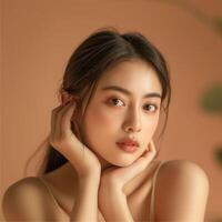 joven asiático hermosa mujer con belleza Fresco piel, mano en cara foto