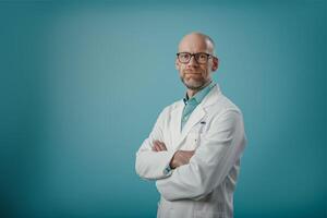 Portrait of confident young medical doctor on blue background photo