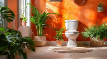 Modern toilet room interior, , toilet bowl in modern bathroom, bathroom with many green plants photo