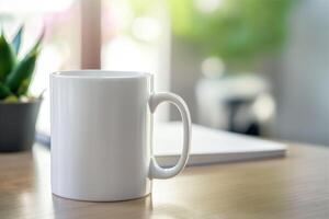 Mug mockup, Coffee mug mockup in table, White mug branding Mockup photo