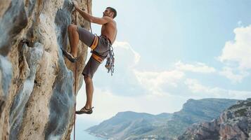 Unreasonable man climb mountain, side view of active climber photo