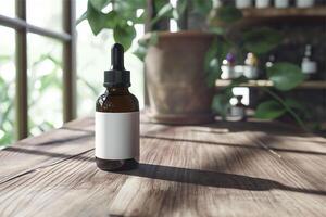 Cosmetic bottle, dropper bottle, mockup of one dark serum glass bottle with white lable on the table in the living room background photo