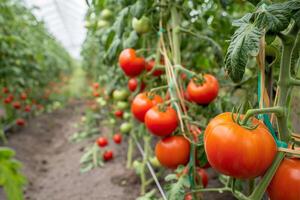 Ripe tomatoes on green branch, tomato garden with juicy tomatoes photo