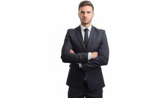 Close of successful senior businessman consultant looking at camer, young business man in classic black suit, isolated on white photo