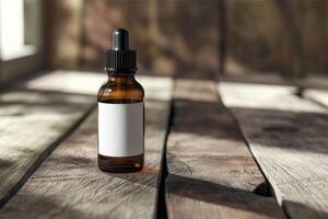 Mockup of dark serum glass bottle with white lable on the table photo