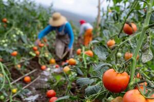 Tomato garden with juicy tomatoes, ripe tomato photo