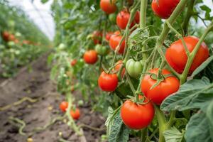 Three ripe tomatoes on green branch, tomato garden with juicy tomatoes photo