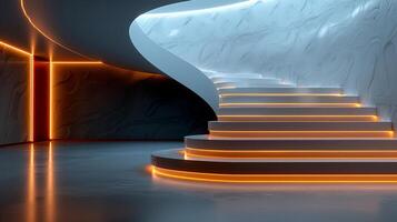 3d rendering of a white staircase with orange lighting photo