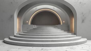 a white marble staircase with a light in the middle photo