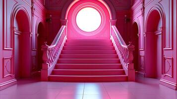 a pink stairway with a round window in the middle photo