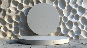 a white round table in front of a wall with a large round mirror photo