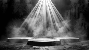 stage with smoke and light beams in black and white photo