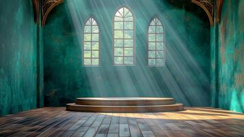 a room with a wooden floor and a window with sunlight photo