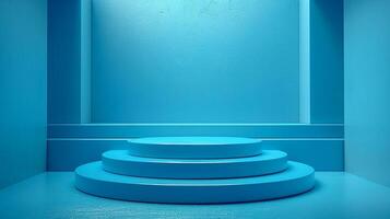 a blue room with a podium and a wall photo