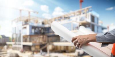 Engineer holding construction blueprint template for building, house, checking accuracy. photo