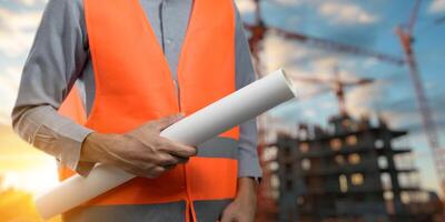 Engineer holding construction blueprint template for building, house, checking accuracy. photo