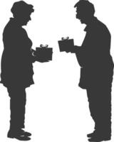 AI generated Silhouette elderly couple exchanging gifts black color only vector