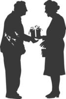 AI generated Silhouette elderly couple exchanging gifts black color only vector