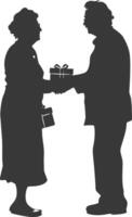 AI generated Silhouette elderly couple exchanging gifts black color only vector