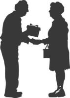 AI generated Silhouette elderly couple exchanging gifts black color only vector