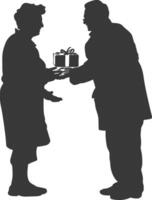 AI generated Silhouette elderly couple exchanging gifts black color only vector