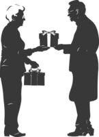 AI generated Silhouette elderly couple exchanging gifts black color only vector