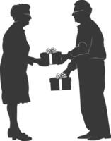 AI generated Silhouette elderly couple exchanging gifts black color only vector