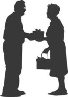 AI generated Silhouette elderly couple exchanging gifts black color only vector