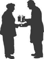 AI generated Silhouette elderly couple exchanging gifts black color only vector