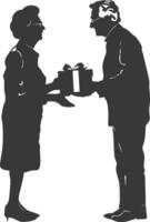 AI generated Silhouette elderly couple exchanging gifts black color only vector