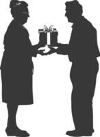 AI generated Silhouette elderly couple exchanging gifts black color only vector