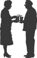 AI generated Silhouette elderly couple exchanging gifts black color only vector