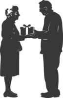 AI generated Silhouette elderly couple exchanging gifts black color only vector