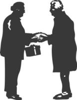 AI generated Silhouette elderly couple exchanging gifts black color only vector