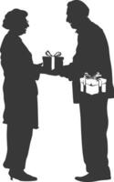 AI generated Silhouette elderly couple exchanging gifts black color only vector