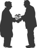 AI generated Silhouette elderly couple exchanging gifts black color only vector