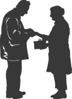 AI generated Silhouette elderly couple exchanging gifts black color only vector