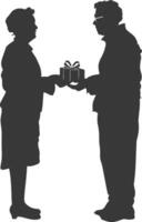 AI generated Silhouette elderly couple exchanging gifts black color only vector