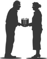 AI generated Silhouette elderly couple exchanging gifts black color only vector