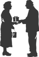 AI generated Silhouette elderly couple exchanging gifts black color only vector