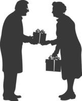 AI generated Silhouette elderly couple exchanging gifts black color only vector