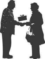 AI generated Silhouette elderly couple exchanging gifts black color only vector