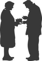 AI generated Silhouette elderly couple exchanging gifts black color only vector