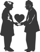 AI generated Silhouette elderly couple holding heart symbol black color only vector