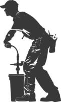 Silhouette Plumber in action full body black color only vector