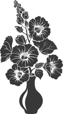 Silhouette hollyhocks flower in the vase black color only
