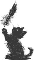 Silhouette kitten animal playing feather black color only vector